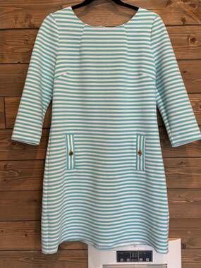 Lilly Pulitzer Womens Charlene Shift Dress Blue Stripe Stretch 3/4 Sleeve Large